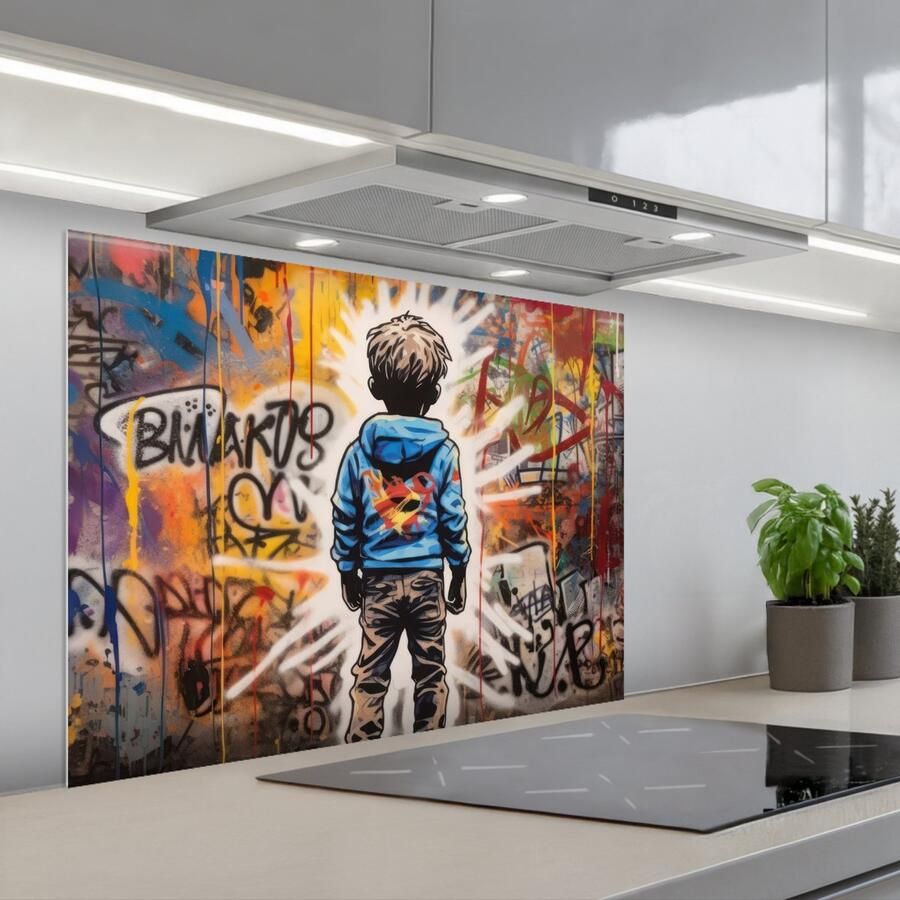 KitchenYeah Spatscherm 80x60 cm Zelfklevende achterwand Graffiti Jongen Kleuren Street Art Keuken muurbeschermer Spatwand fornuis