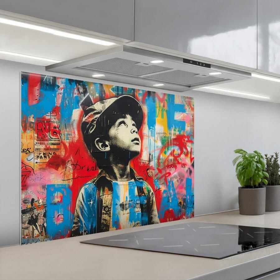 KitchenYeah Spatscherm 80x60 cm Zelfklevende achterwand Graffiti Jongen Street art Kleuren Keuken muurbeschermer Spatwand fornuis