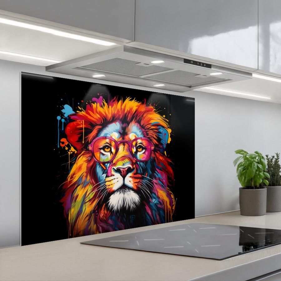 KitchenYeah Spatscherm 80x60 cm Zelfklevende achterwand Graffiti Leeuw Bril Zwart Kleurrijk Keuken muurbeschermer Spatwand fornuis