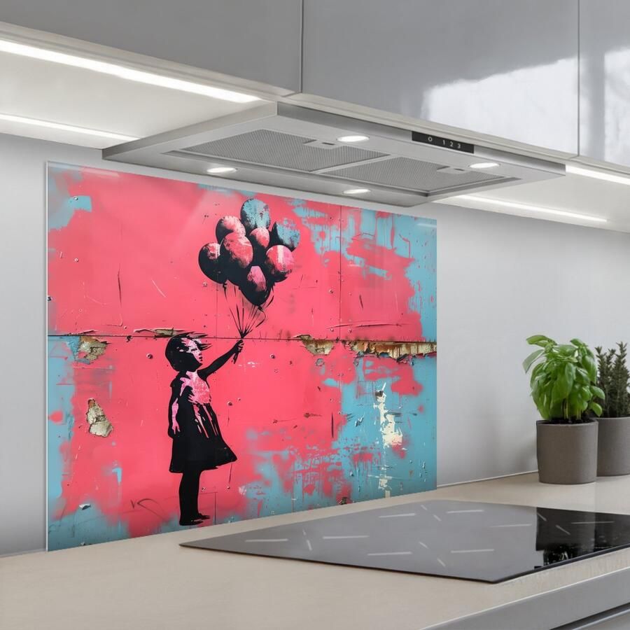 KitchenYeah Spatscherm 80x60 cm Zelfklevende achterwand Graffiti Meisje Ballon Roze Blauw Street art Keuken muurbeschermer Spatwand fornuis