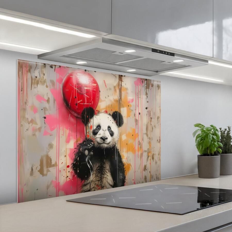 KitchenYeah Spatscherm 80x60 cm Zelfklevende achterwand Graffiti Panda Ballon Street art Dier Keuken muurbeschermer Spatwand fornuis