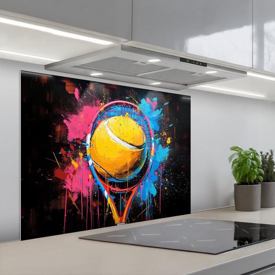 KitchenYeah Spatscherm 80x60 cm Zelfklevende achterwand Graffiti Tennis Sport Racket Keuken muurbeschermer Spatwand fornuis