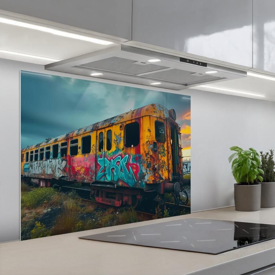 KitchenYeah Spatscherm 80x60 cm Zelfklevende achterwand Graffiti Verlaten trein Street art Keuken muurbeschermer Spatwand fornuis