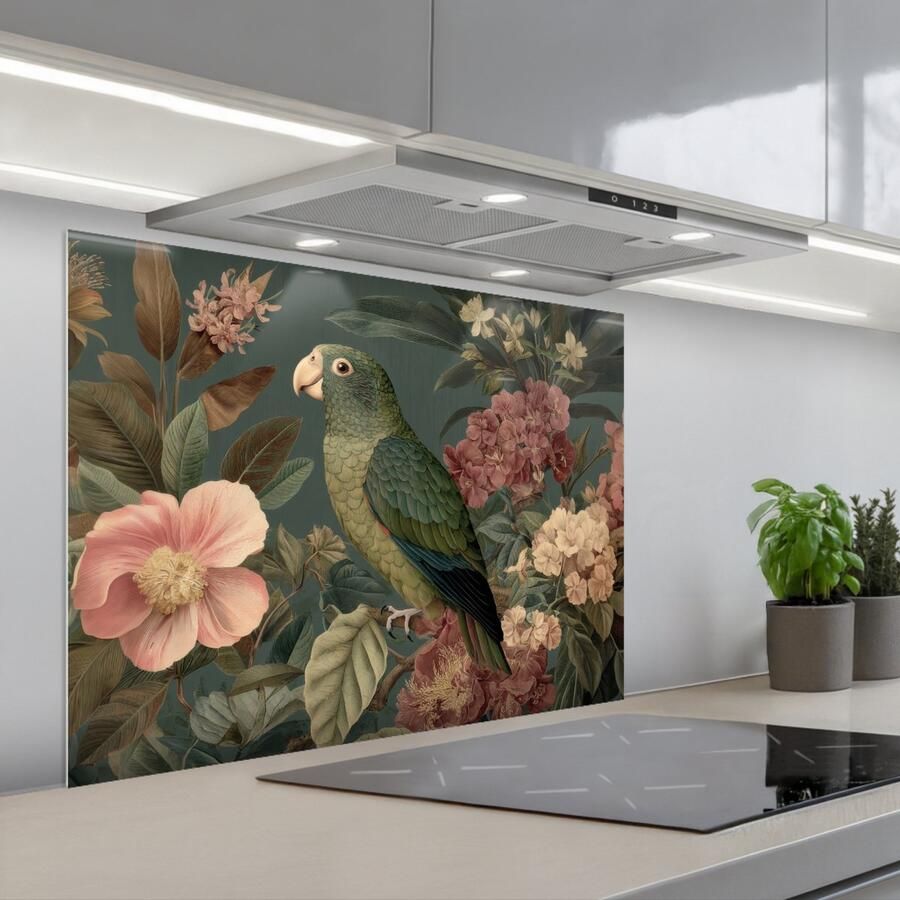 KitchenYeah Spatscherm 80x60 cm Zelfklevende achterwand Groene papegaai Kleurrijke bloemen Donkere achtergrond Keuken muurbeschermer Spatwand fornuis