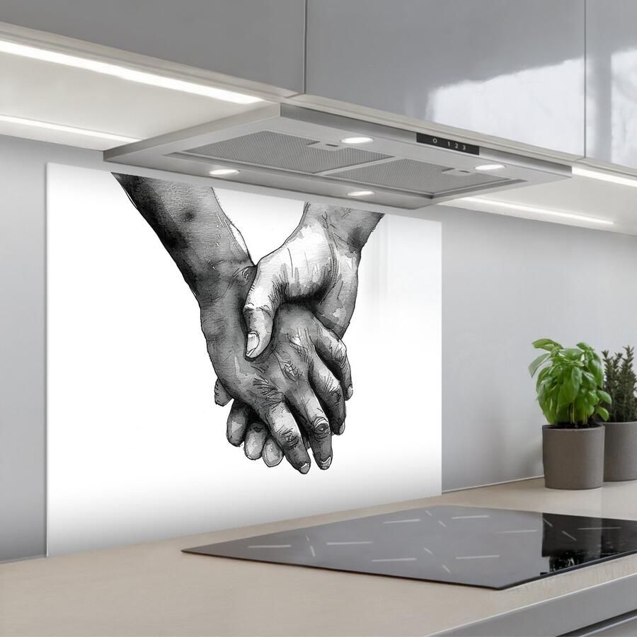 KitchenYeah Spatscherm 80x60 cm Zelfklevende achterwand Handen Zwart wit Modern Kunst Keuken muurbeschermer Spatwand fornuis