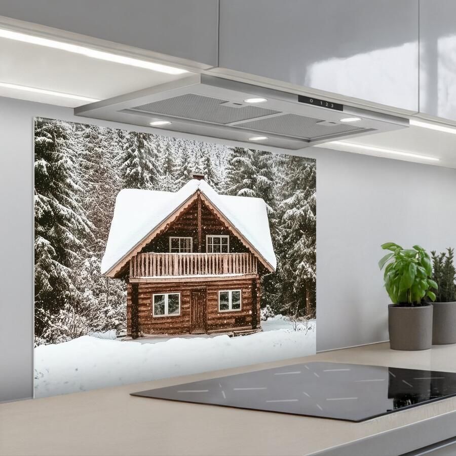 KitchenYeah Spatscherm 80x60 cm Zelfklevende achterwand Huis Bos Winter Natuur Sneeuw Keuken muurbeschermer Spatwand fornuis