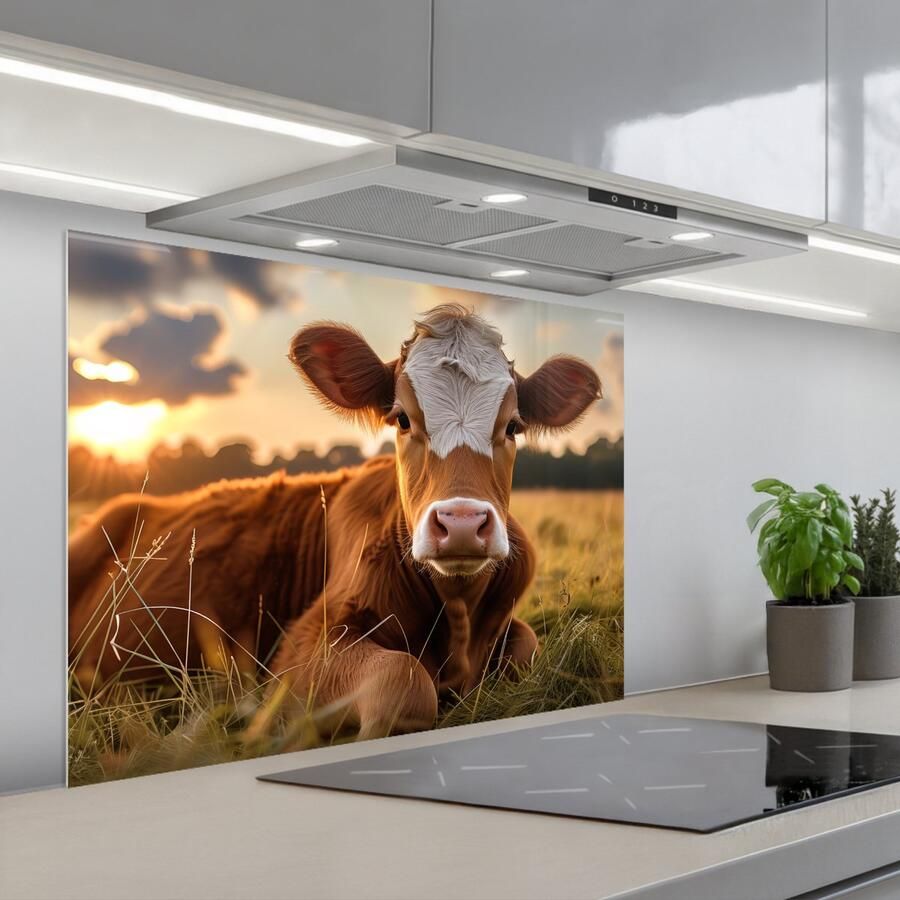 KitchenYeah Spatscherm 80x60 cm Zelfklevende achterwand Koe Dier Weiland Gras Dieren Natuur Keuken muurbeschermer Spatwand fornuis