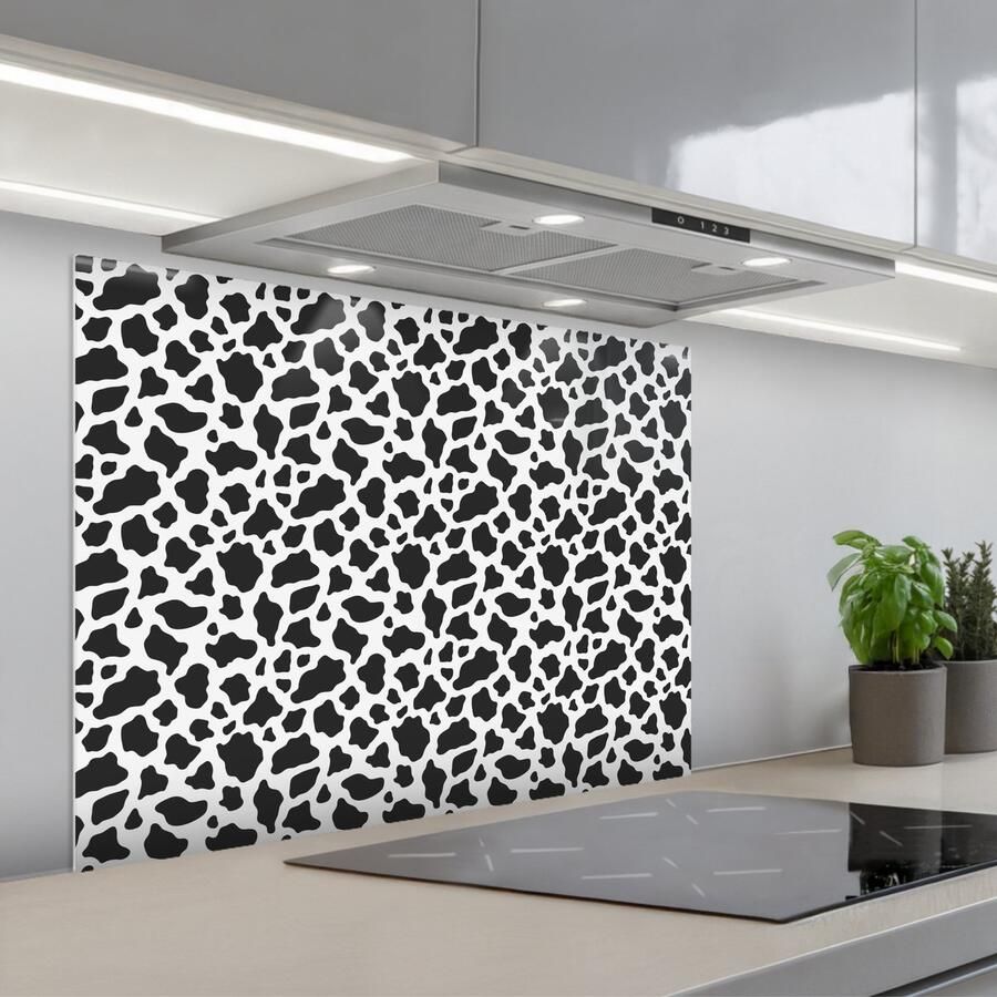 KitchenYeah Spatscherm 80x60 cm Zelfklevende achterwand Koe Vlekken Patroon Zwart Keuken muurbeschermer Spatwand fornuis
