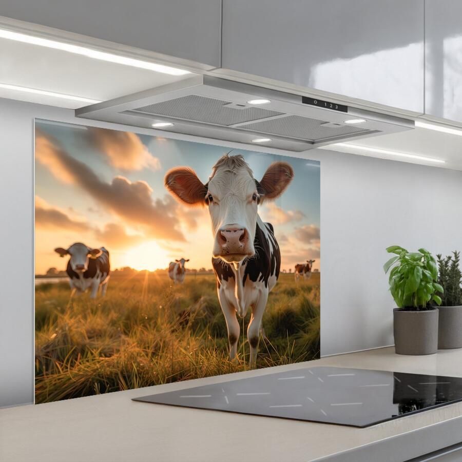 KitchenYeah Spatscherm 80x60 cm Zelfklevende achterwand Koe Weiland Dieren portret Natuur Koeien Keuken muurbeschermer Spatwand fornuis