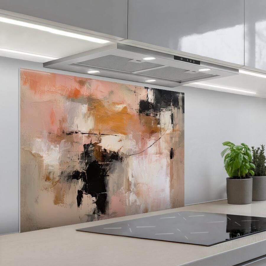 KitchenYeah Spatscherm 80x60 cm Zelfklevende achterwand Kunst Abstract Beige Verf Keuken muurbeschermer Spatwand fornuis