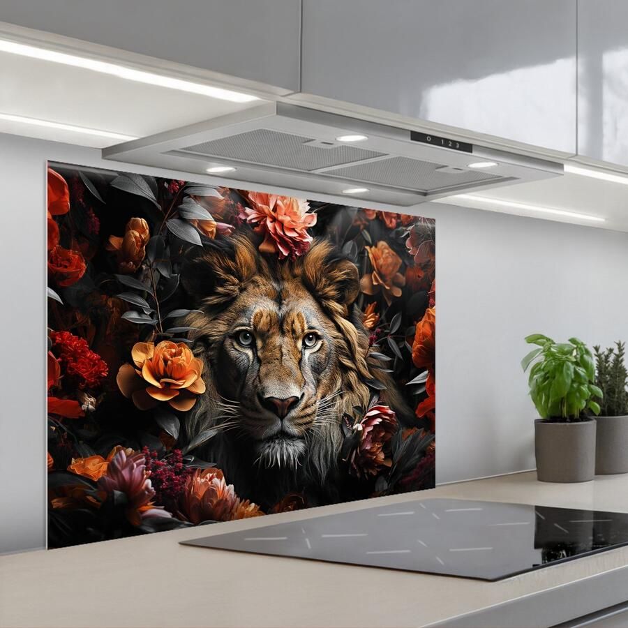 KitchenYeah Spatscherm 80x60 cm Zelfklevende achterwand Leeuw Dier Natuur Bloemen Botanisch Keuken muurbeschermer Spatwand fornuis