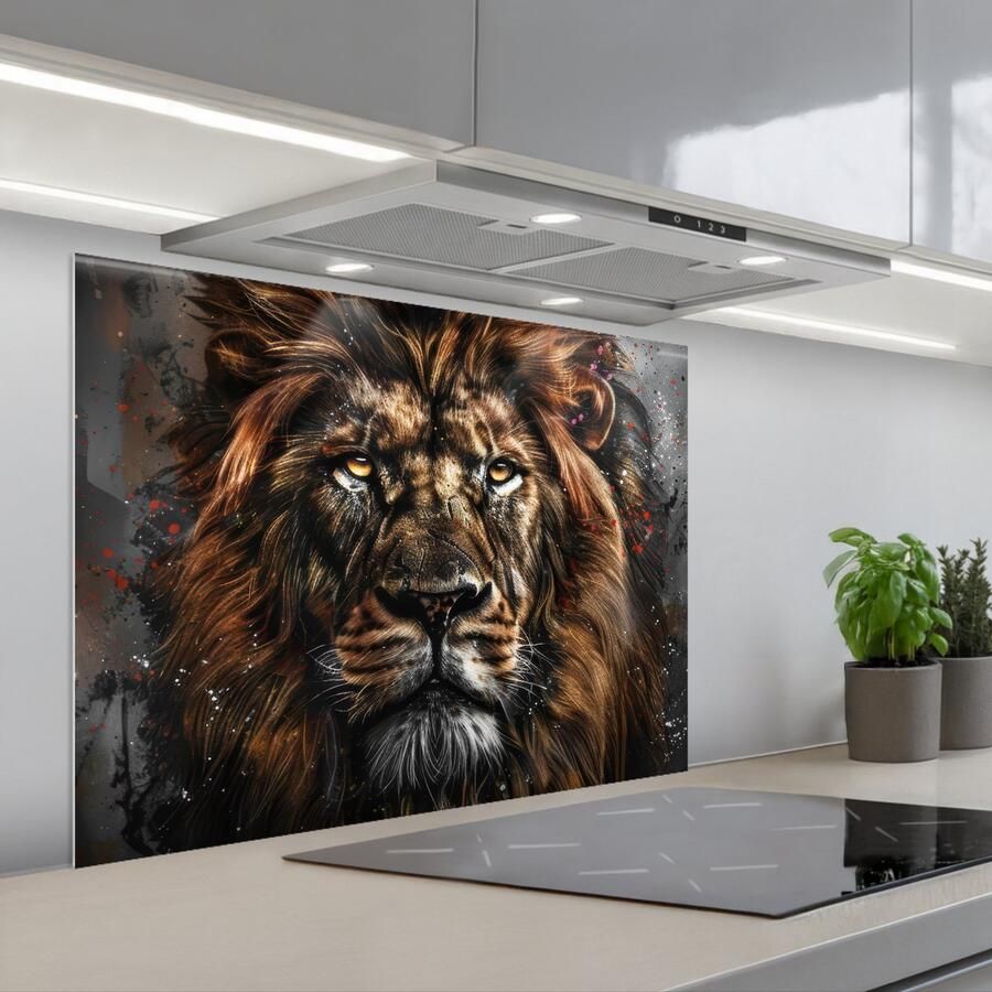 KitchenYeah Spatscherm 80x60 cm Zelfklevende achterwand Leeuw Dieren Portret Zwart Luxe Keuken muurbeschermer Spatwand fornuis