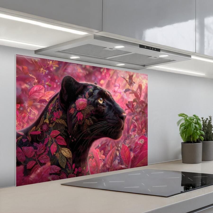 KitchenYeah Spatscherm 80x60 cm Zelfklevende achterwand Luipaard Bloemen Roze Keuken muurbeschermer Spatwand fornuis