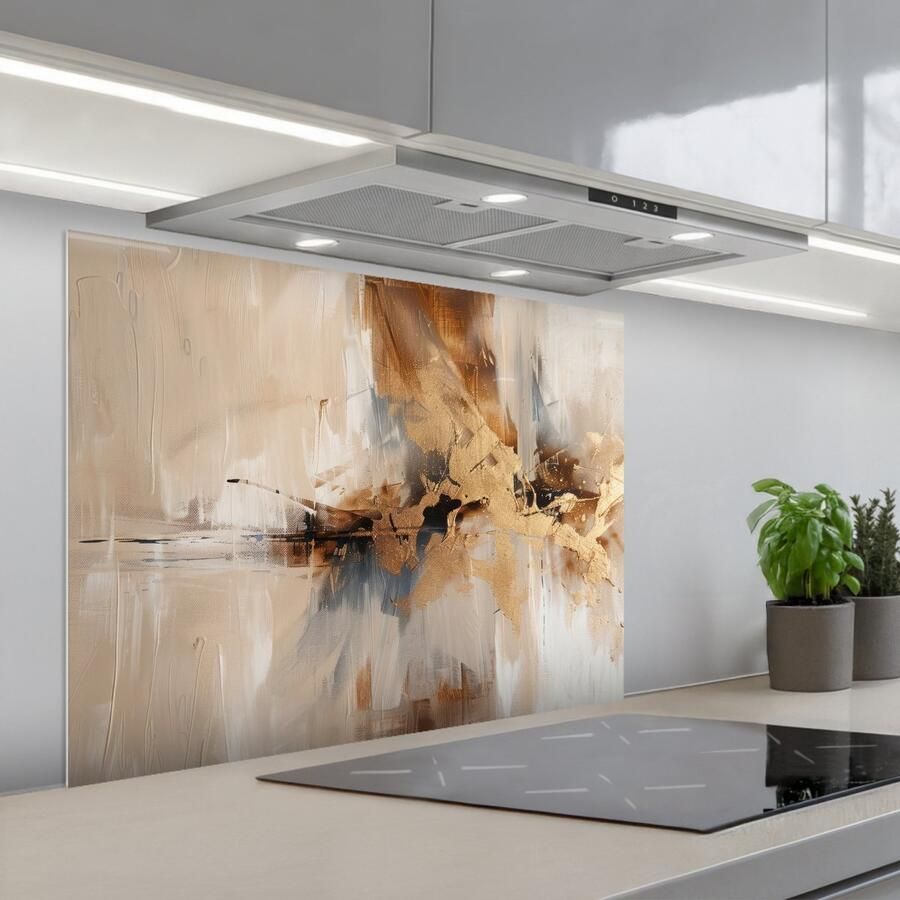 KitchenYeah Spatscherm 80x60 cm Zelfklevende achterwand Modern Bruin Abstract Beige Keuken muurbeschermer Spatwand fornuis