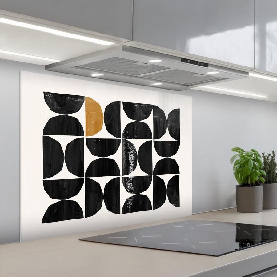 KitchenYeah Spatscherm 80x60 cm Zelfklevende achterwand Modern Halve cirkel Goud Zwart Keuken muurbeschermer Spatwand fornuis