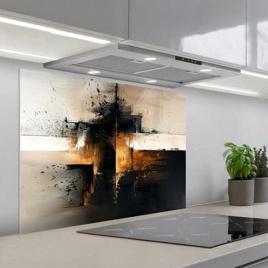 KitchenYeah Spatscherm 80x60 cm Zelfklevende achterwand Modern Zwart Verf Goud Keuken muurbeschermer Spatwand fornuis