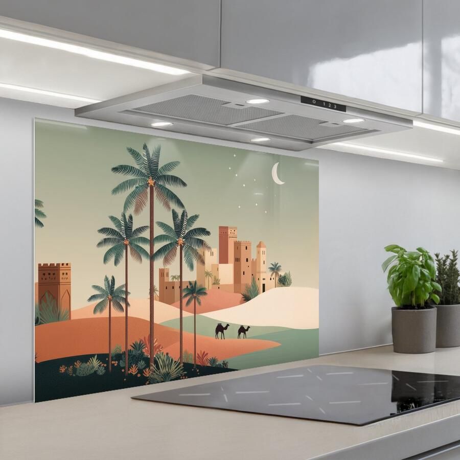 KitchenYeah Spatscherm 80x60 cm Zelfklevende achterwand Nachtlandschap Kamelen Sterren zandduinden Keuken muurbeschermer Spatwand fornuis