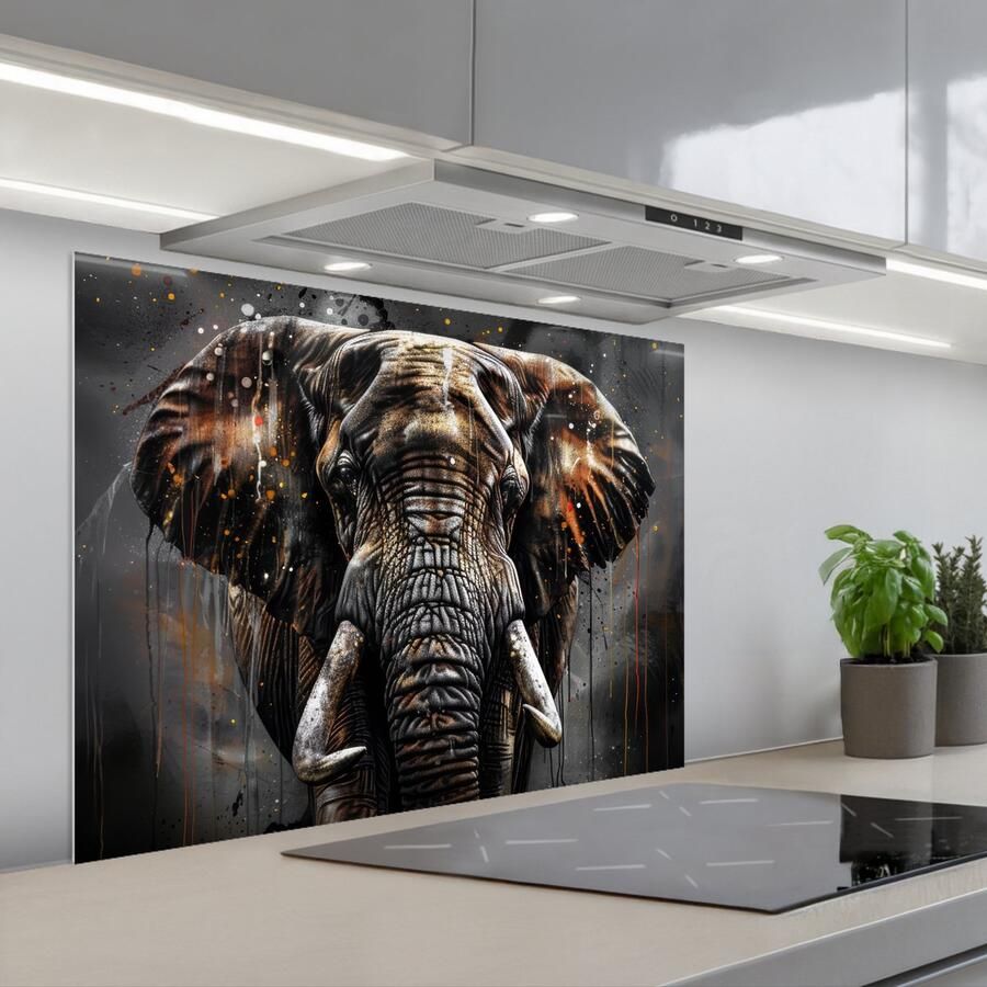 KitchenYeah Spatscherm 80x60 cm Zelfklevende achterwand Olifant Watercolor Wilde dieren Luxe Keuken muurbeschermer Spatwand fornuis