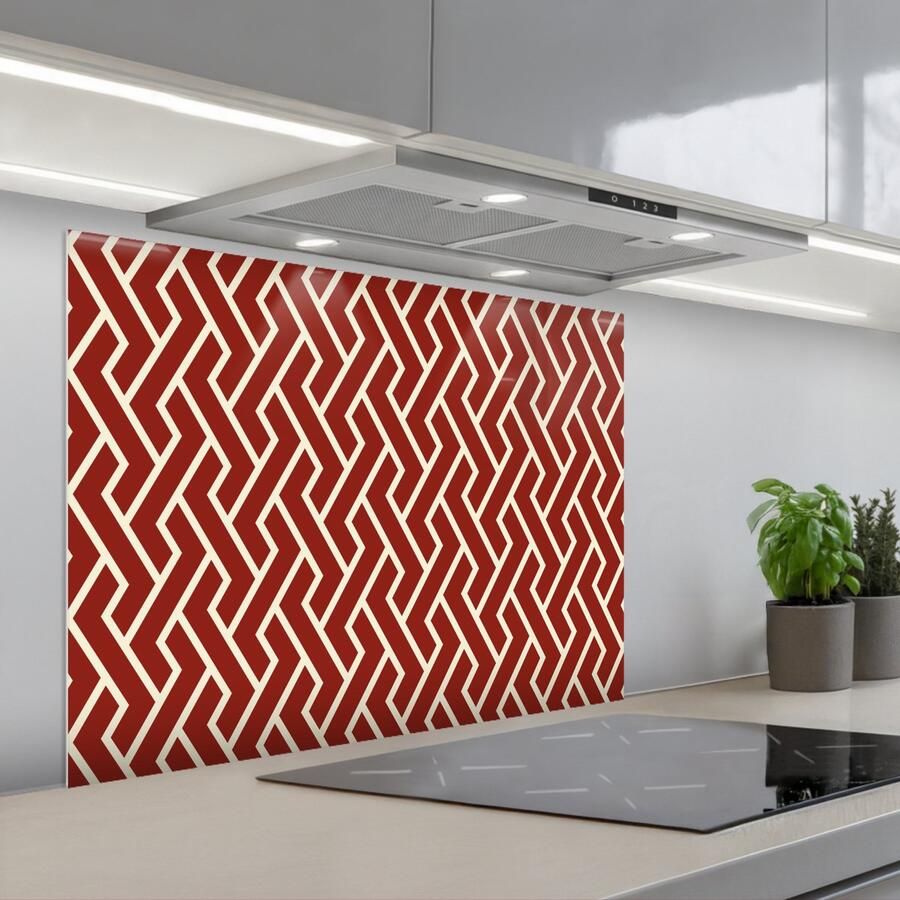 KitchenYeah Spatscherm 80x60 cm Zelfklevende achterwand Rood Beige Patroon Lijnen Keuken muurbeschermer Spatwand fornuis