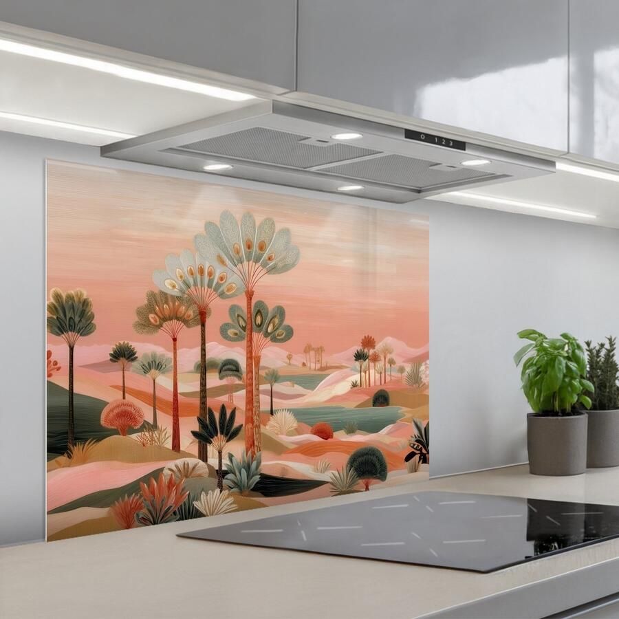 KitchenYeah Spatscherm 80x60 cm Zelfklevende achterwand Roze landschap Palmen Water Keuken muurbeschermer Spatwand fornuis