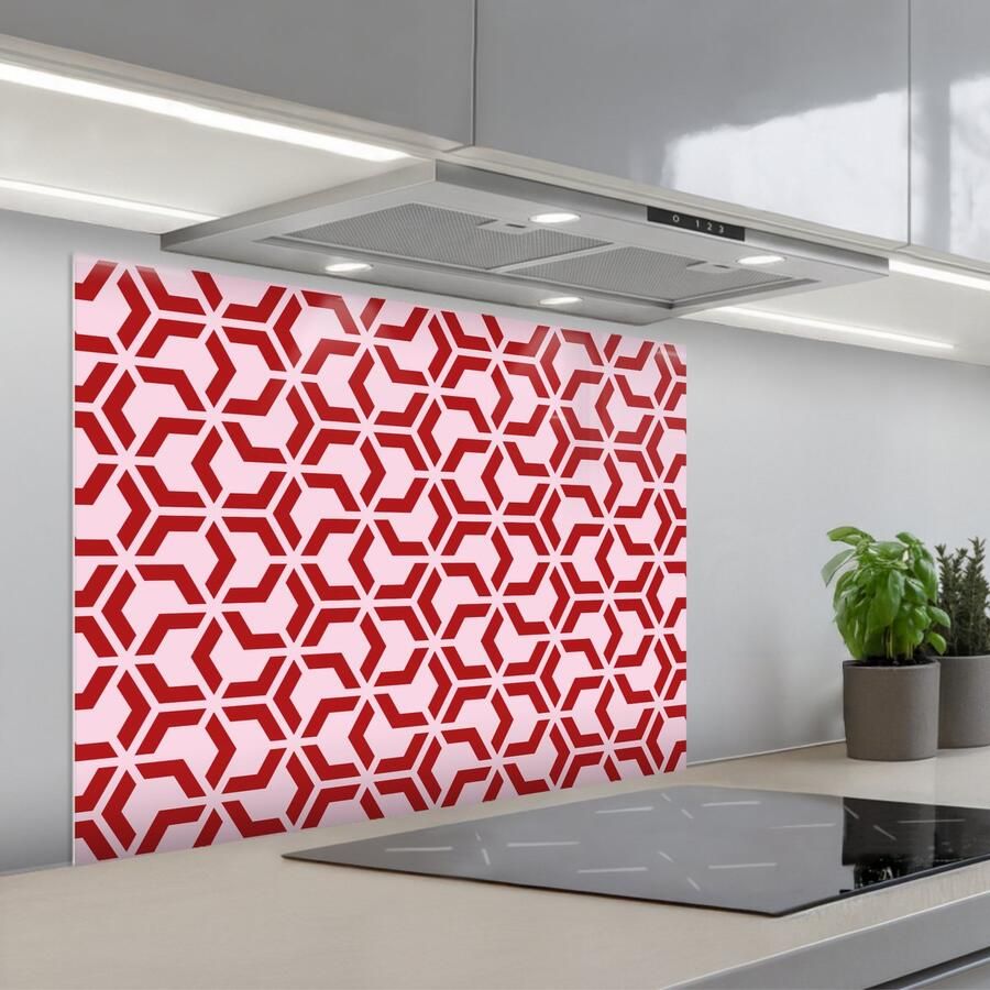 KitchenYeah Spatscherm 80x60 cm Zelfklevende achterwand Roze Rood Geometrisch Patroon Keuken muurbeschermer Spatwand fornuis