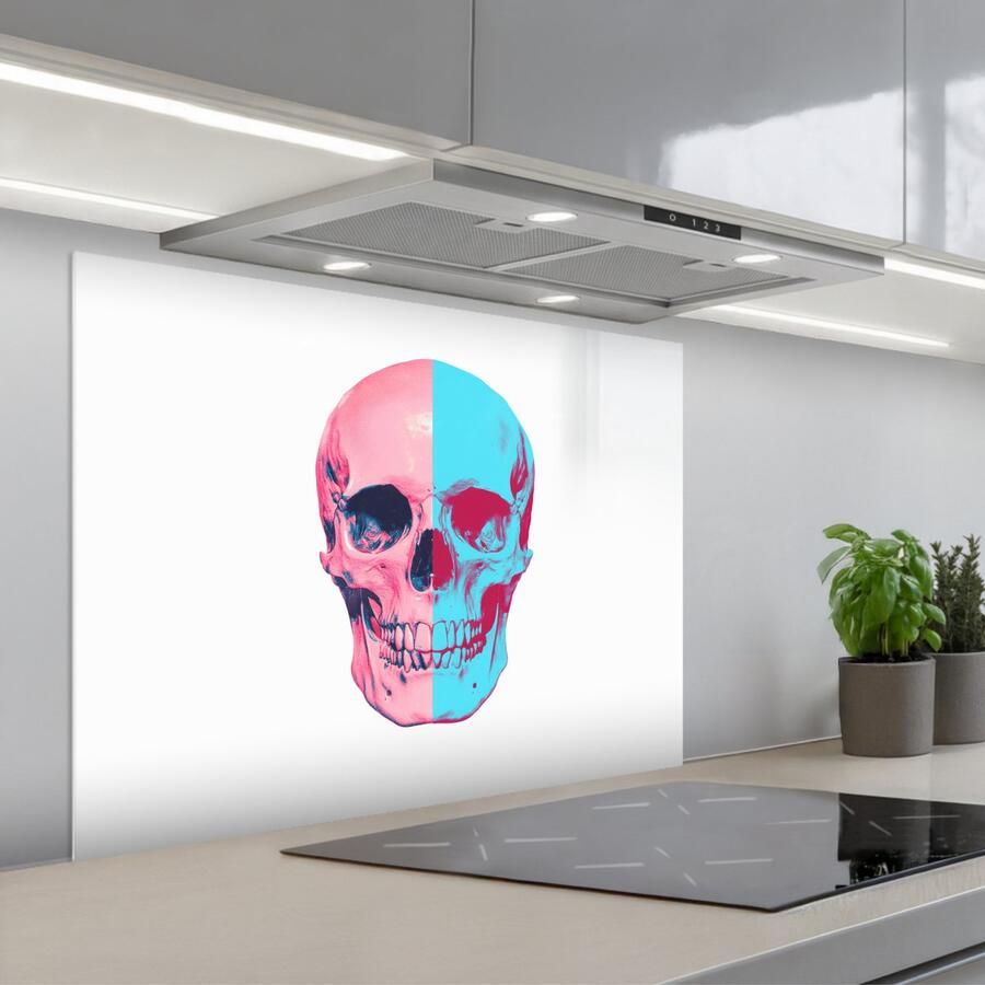 KitchenYeah Spatscherm 80x60 cm Zelfklevende achterwand Schedel Grafisch Roze Verdeeld Keuken muurbeschermer Spatwand fornuis