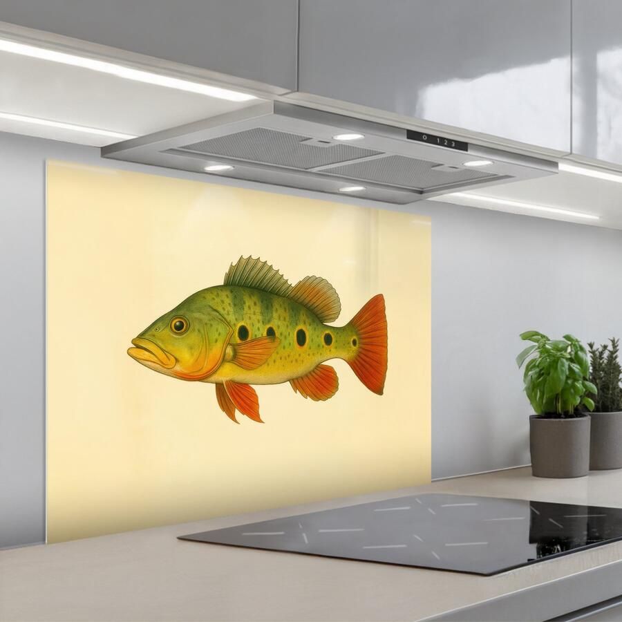 KitchenYeah Spatscherm 80x60 cm Zelfklevende achterwand Schubben Vis Groen Illustratie Keuken muurbeschermer Spatwand fornuis