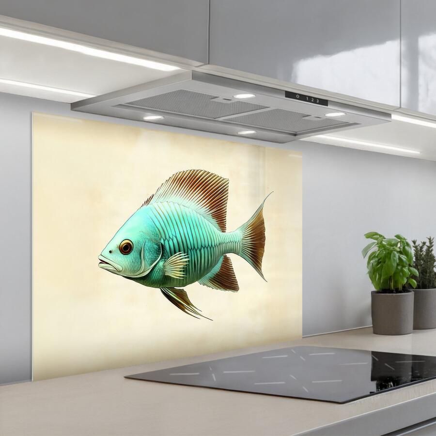 KitchenYeah Spatscherm 80x60 cm Zelfklevende achterwand Schubben Vis Mint Minimalistisch Keuken muurbeschermer Spatwand fornuis