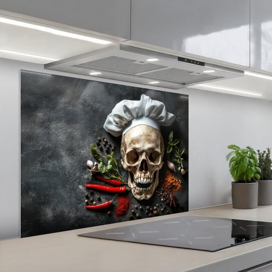 KitchenYeah Spatscherm 80x60 cm Zelfklevende achterwand Skelet Kruiden Eten Schedel Kok Keuken muurbeschermer Spatwand fornuis