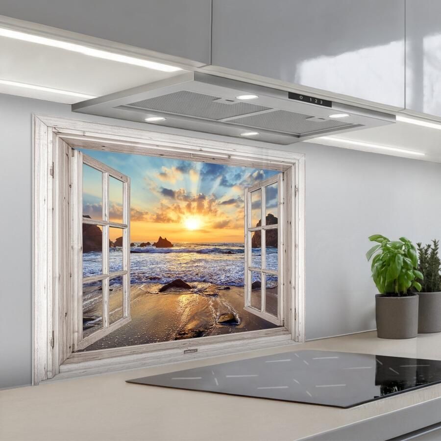 KitchenYeah Spatscherm 80x60 cm Zelfklevende achterwand Strand Doorkijk Zonsondergang Landschap Zee Natuur Keuken muurbeschermer Spatwand fornuis