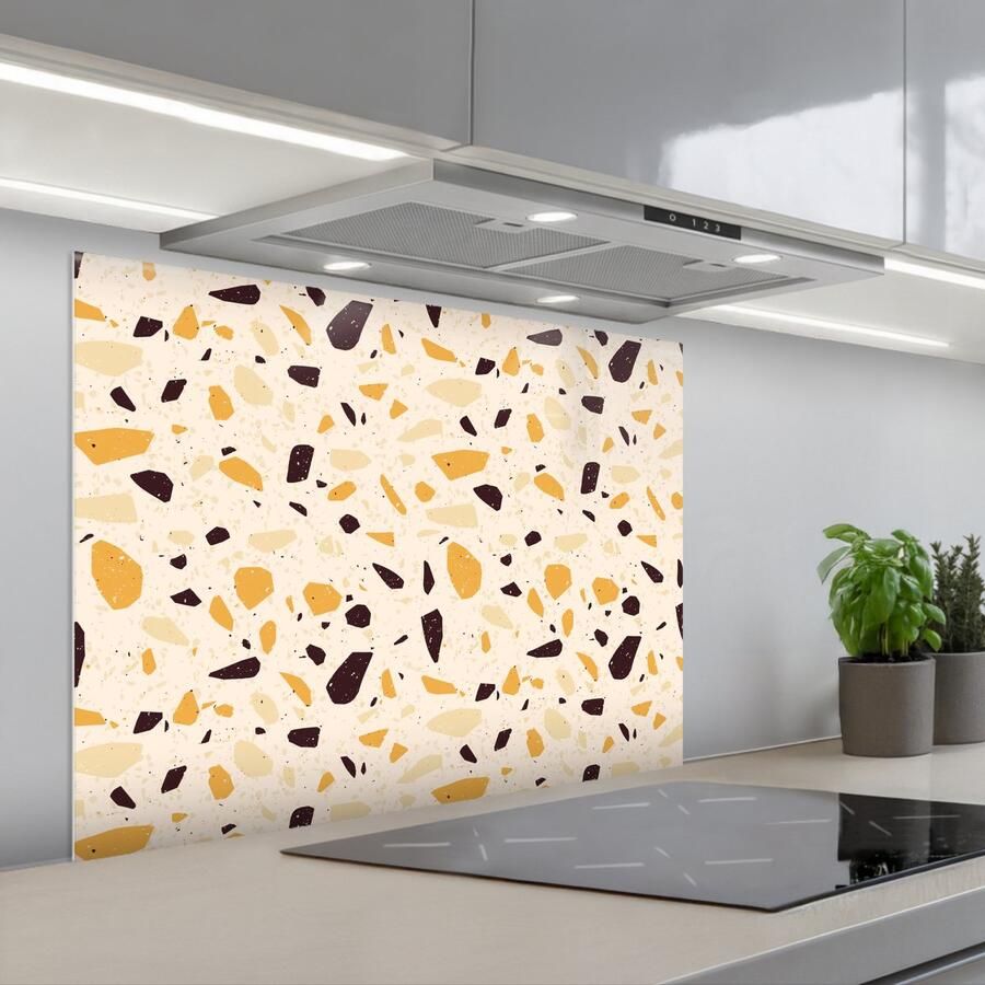 KitchenYeah Spatscherm 80x60 cm Zelfklevende achterwand Terrazzo Patroon Geel Keuken muurbeschermer Spatwand fornuis