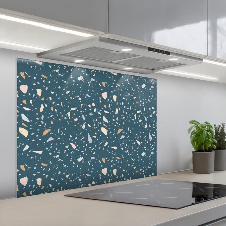 KitchenYeah Spatscherm 90x70 cm Zelfklevende achterwand Terrazzo Patroon Kleurrijk Diep blauw Keuken muurbeschermer Spatwand fornuis