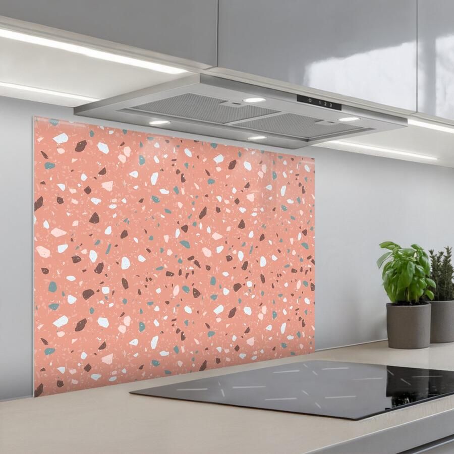 KitchenYeah Spatscherm 80x60 cm Zelfklevende achterwand Terrazzo Patroon Kleurrijk Roze Blauw Keuken muurbeschermer Spatwand fornuis