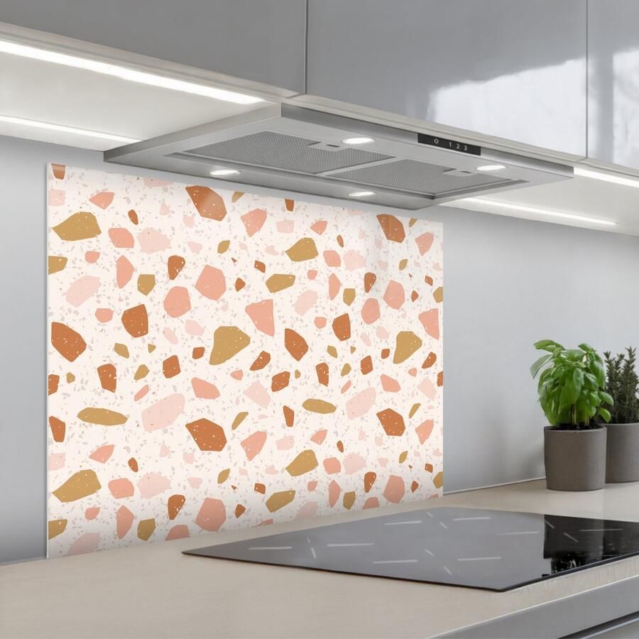 KitchenYeah Spatscherm 80x60 cm Zelfklevende achterwand Terrazzo Patroon Kleurrijk Zalm Keuken muurbeschermer Spatwand fornuis
