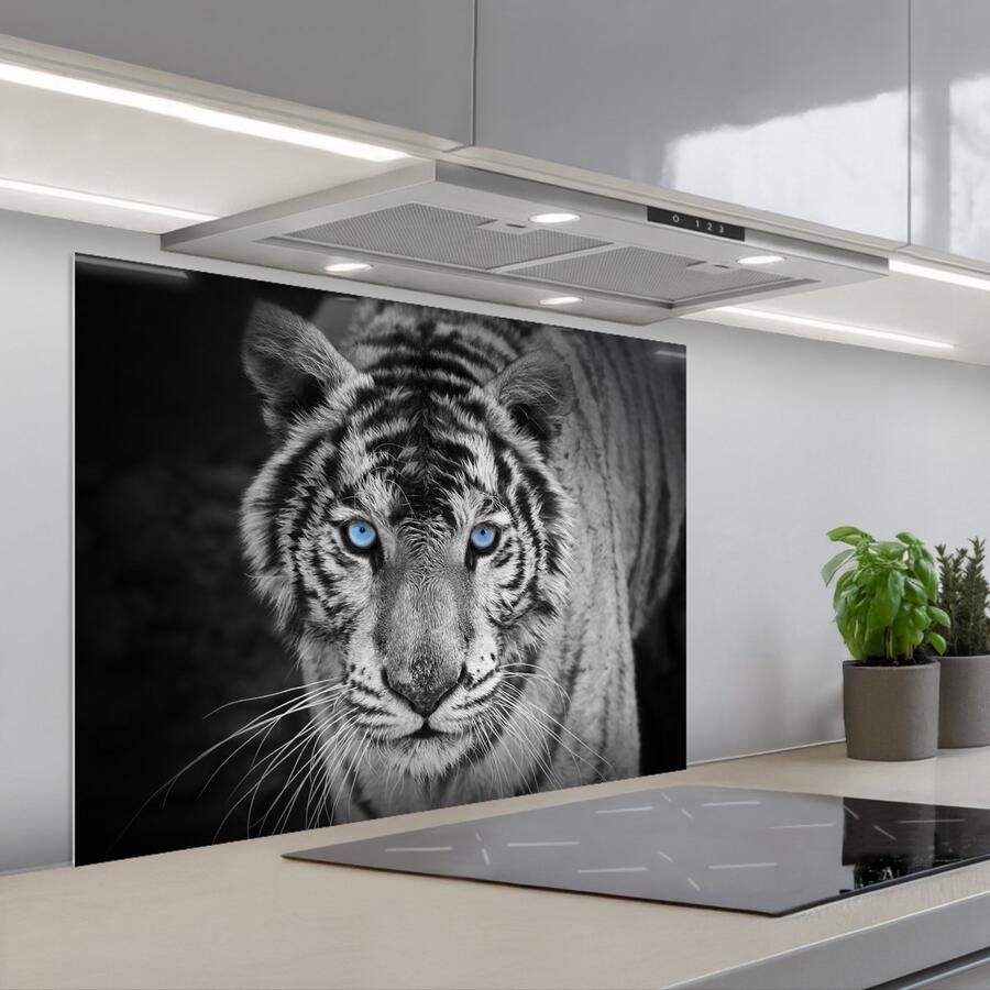 KitchenYeah Spatscherm 80x60 cm Zelfklevende achterwand Tijger Dier Zwart Blauw Modern Keuken muurbeschermer Spatwand fornuis