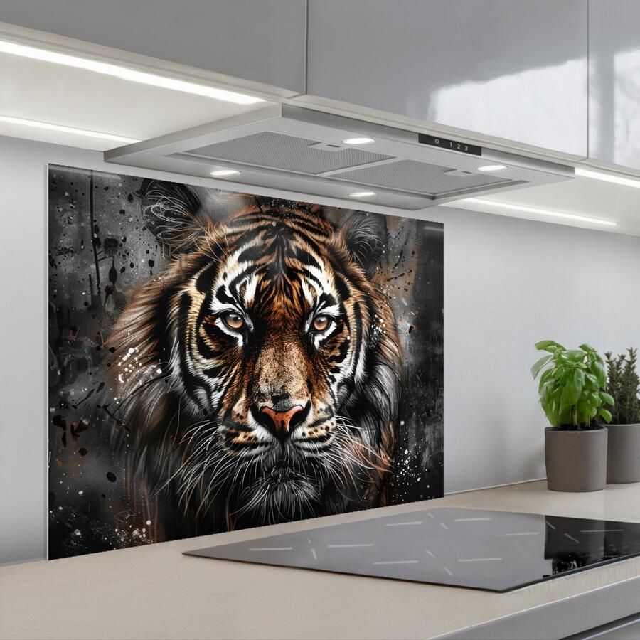 KitchenYeah Spatscherm 80x60 cm Zelfklevende achterwand Tijger Dieren Portret Luxe Zwart Keuken muurbeschermer Spatwand fornuis