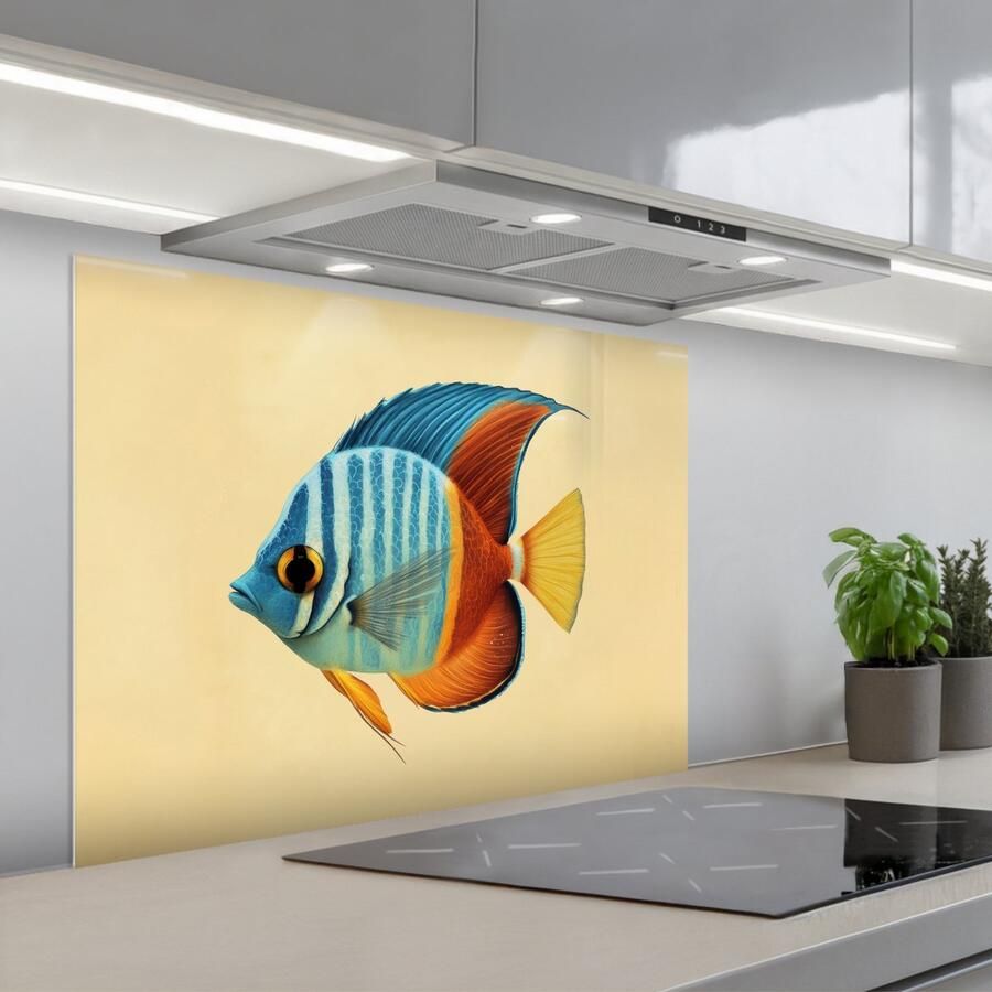 KitchenYeah Spatscherm 80x60 cm Zelfklevende achterwand Vis Vinnen Blauw Ogen Keuken muurbeschermer Spatwand fornuis