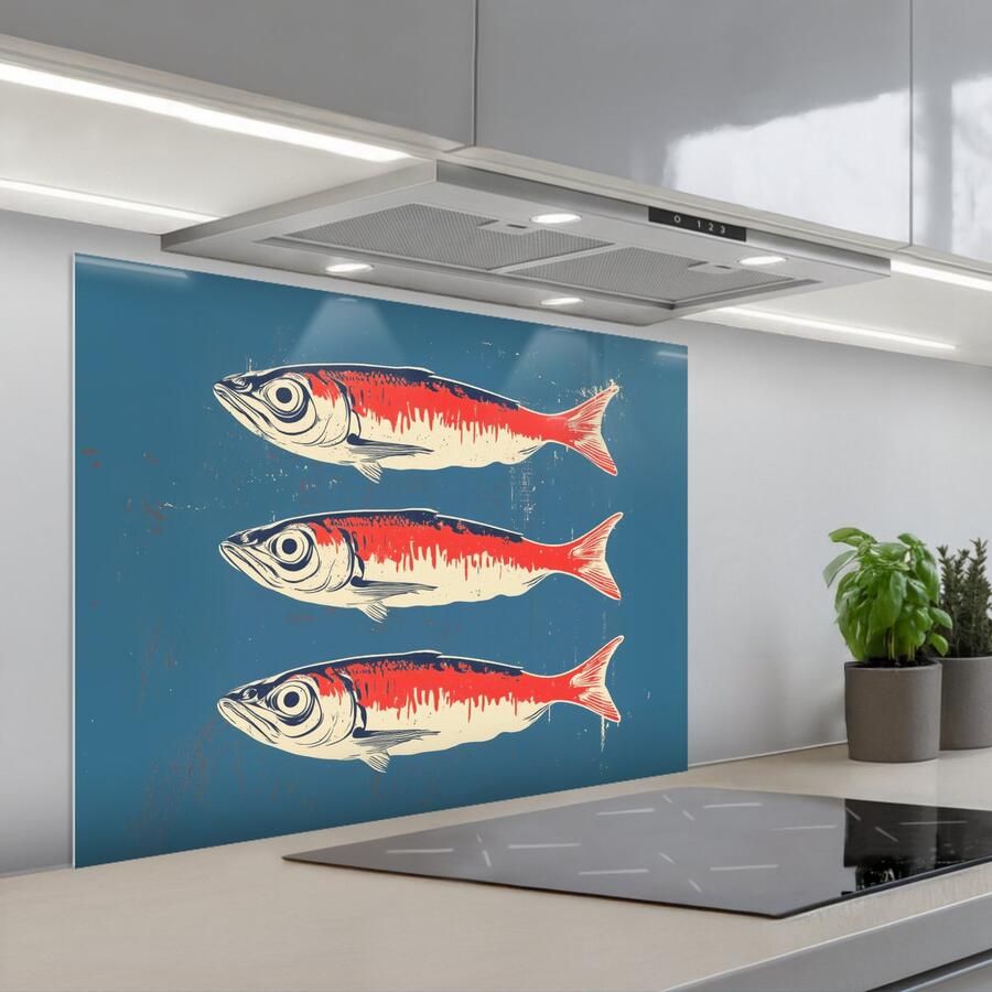 KitchenYeah Spatscherm 80x60 cm Zelfklevende achterwand Vissen Rood Blauw Keuken muurbeschermer Spatwand fornuis