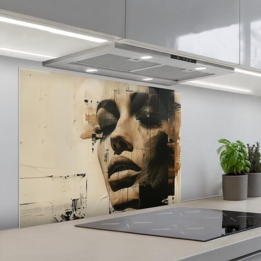 KitchenYeah Spatscherm 80x60 cm Zelfklevende achterwand Vrouw Gezicht Abstract Kunst Keuken muurbeschermer Spatwand fornuis