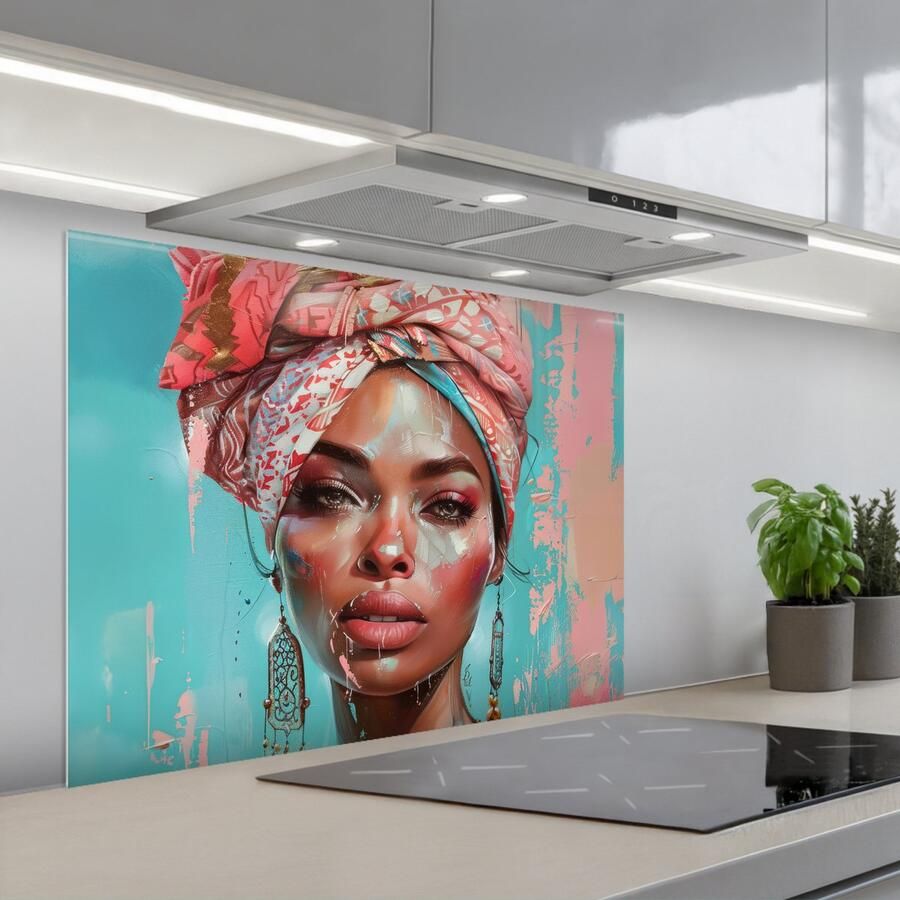 KitchenYeah Spatscherm 80x60 cm Zelfklevende achterwand Vrouw Portret Blauw Roze Modern Keuken muurbeschermer Spatwand fornuis
