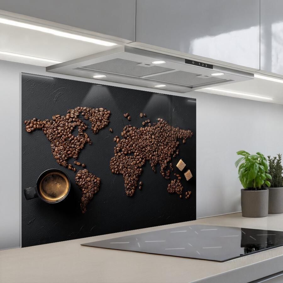 KitchenYeah Spatscherm 80x60 cm Zelfklevende achterwand Wereldkaart Espresso Zwart Keuken muurbeschermer Spatwand fornuis