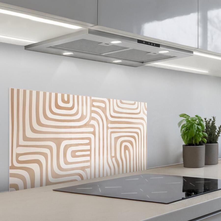 KitchenYeah Spatscherm 80x40 cm Zelfklevende achterwand Aardetinten Labyrintpatroon Keuken muurbeschermer Spatwand fornuis
