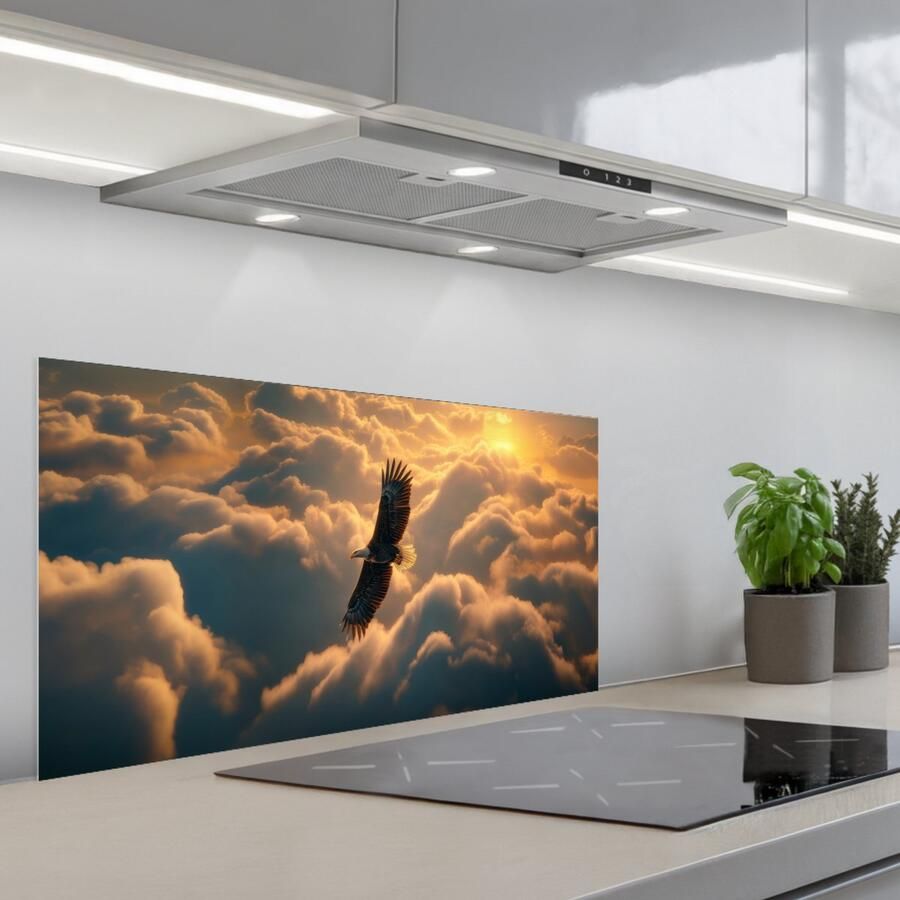 KitchenYeah Spatscherm 90x45 cm Zelfklevende achterwand Adelaar Wolken Zon Keuken muurbeschermer Spatwand fornuis