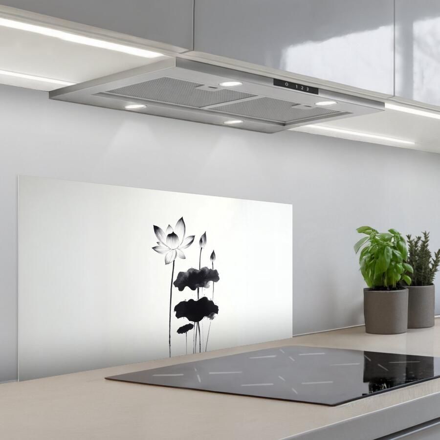 KitchenYeah Spatscherm 80x40 cm Zelfklevende achterwand Bladeren Zwart Lotusbloem Minimalitisch Keuken muurbeschermer Spatwand fornuis