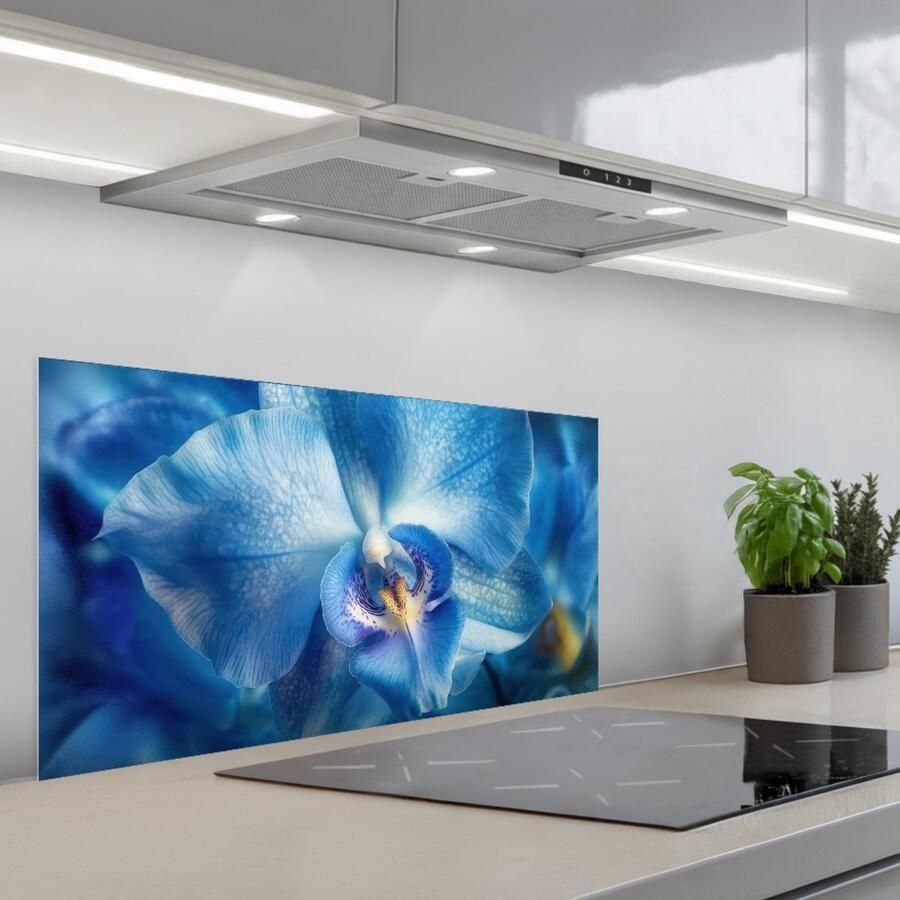 KitchenYeah Spatscherm 80x40 cm Zelfklevende achterwand Blauw Orchidee Elegeant Keuken muurbeschermer Spatwand fornuis