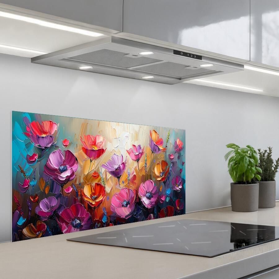 KitchenYeah Spatscherm 80x40 cm Zelfklevende achterwand Bloemen Paars Kleurrijk Handgeschilderd Kunst Keuken muurbeschermer Spatwand fornuis