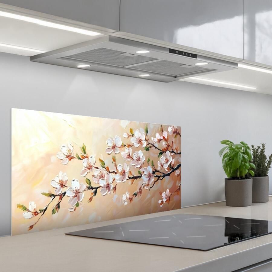 KitchenYeah Spatscherm 80x40 cm Zelfklevende achterwand Bloesemtakken Schilderachtig Roze Keuken muurbeschermer Spatwand fornuis