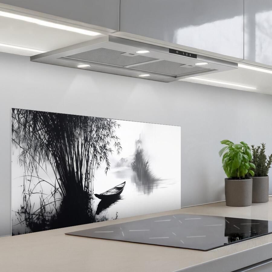 KitchenYeah Spatscherm 80x40 cm Zelfklevende achterwand Boot Rivier Bamboe Wit Keuken muurbeschermer Spatwand fornuis