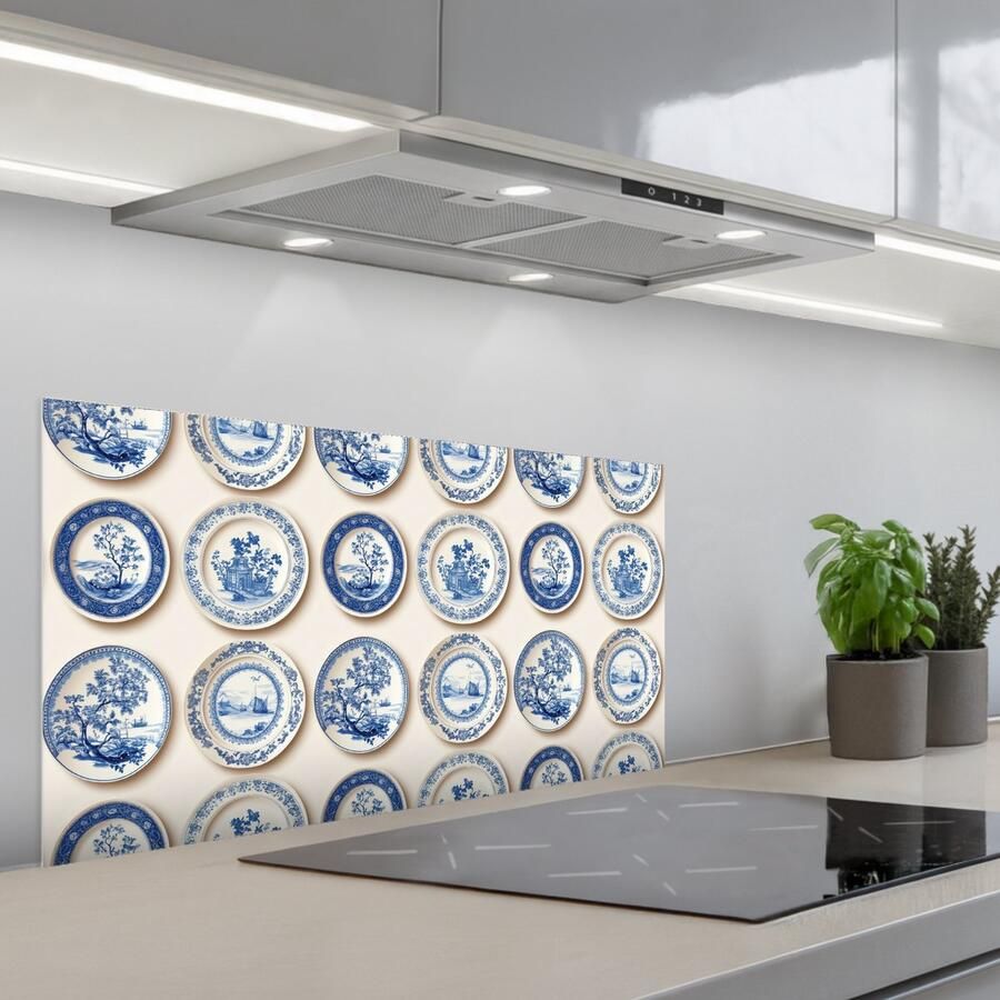 KitchenYeah Spatscherm 80x40 cm Zelfklevende achterwand Borden Bomen Planten Blauw Keuken muurbeschermer Spatwand fornuis
