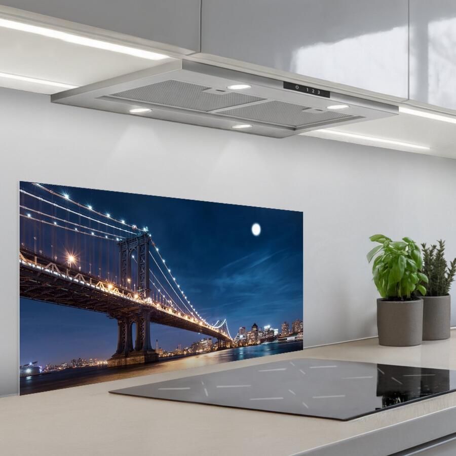 KitchenYeah Spatscherm 80x40 cm Zelfklevende achterwand Brug Licht Avond Meer Blau Stad Keuken muurbeschermer Spatwand fornuis - Foto 1